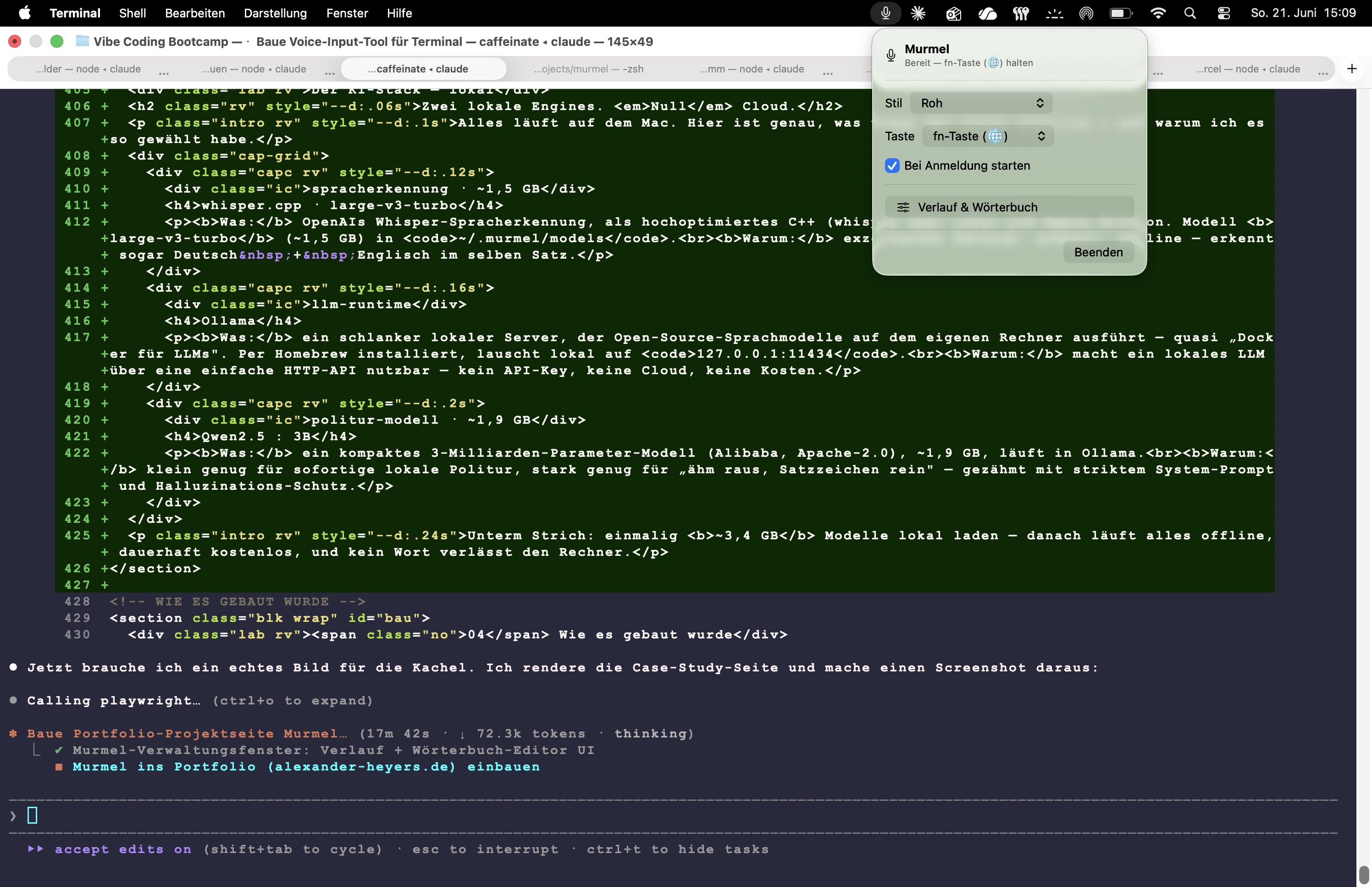 Murmel läuft auf dem Mac — Menüleisten-Panel über dem Terminal